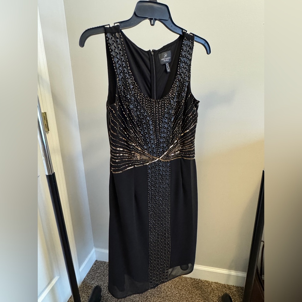 Adrianna Papell Black Dress with Gold Bead Detail